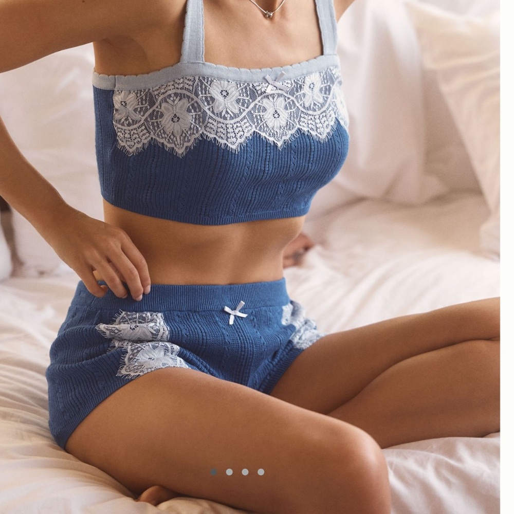 Anthropologie Lace Pointelle Sweater Shorts LyreBird NEW Medium Blue - Picture 4 of 9